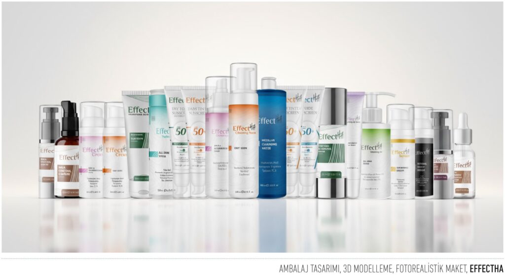 Effectha projesi için ambalaj ve kurumsal kimlik çalışmasını gösteren portfolyo görseli