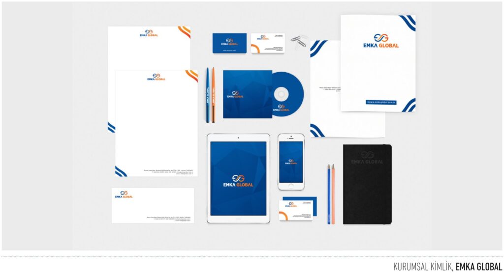 EMKA Global projesi için logo ve kurumsal kimlik çalışmasını gösteren portfolyo görseli