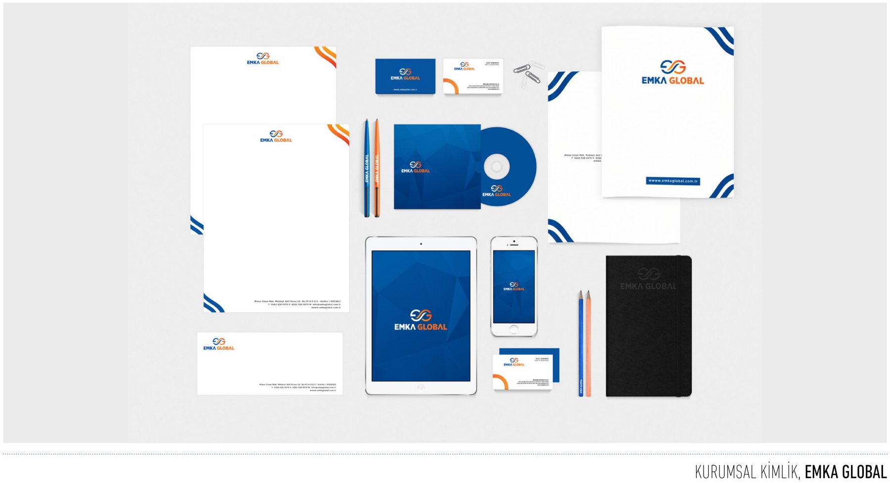 EMKA Global projesi için logo ve kurumsal kimlik çalışmasını gösteren portfolyo görseli
