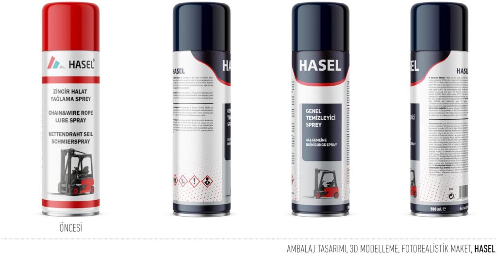 Hasel projesi için ambalaj ve 3D modelleme çalışmasını gösteren portfolyo görseli