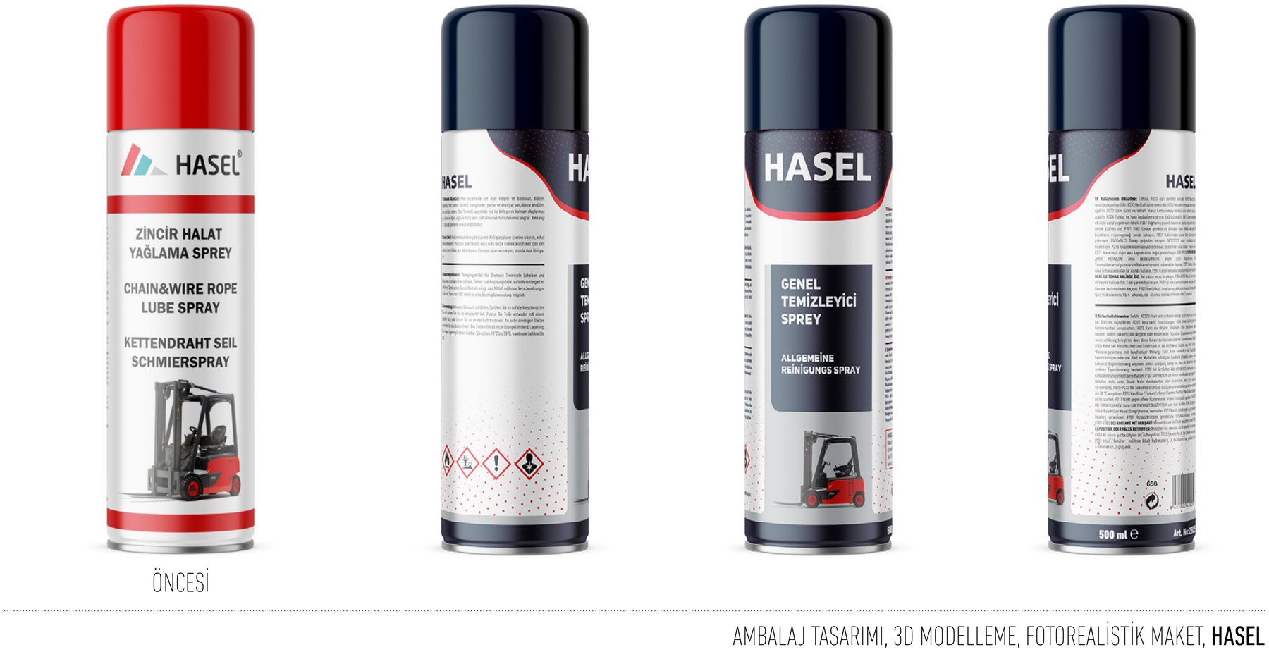 Hasel projesi için ambalaj ve 3D modelleme çalışmasını gösteren portfolyo görseli