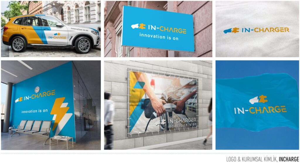 InCharge projesi için logo ve kurumsal kimlik çalışmasını gösteren portfolyo görseli