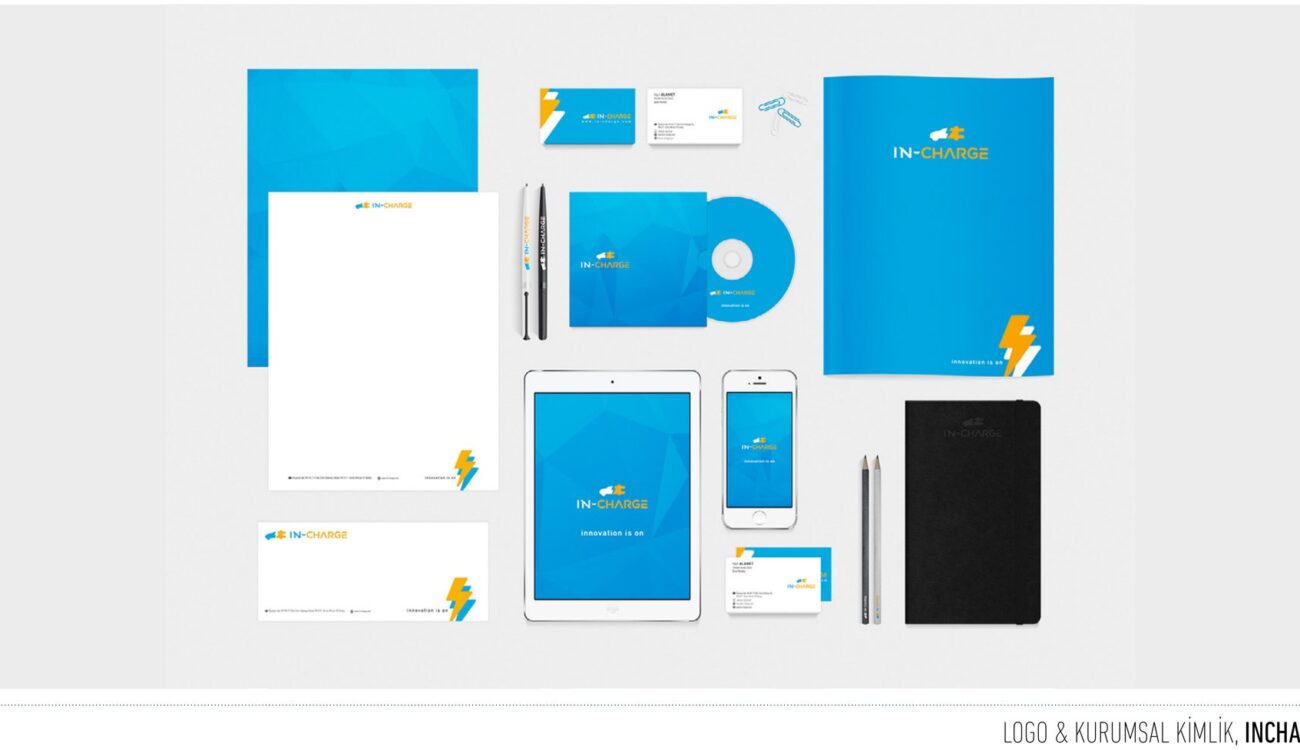 InCharge projesi için logo ve kurumsal kimlik çalışmasını gösteren portfolyo görseli