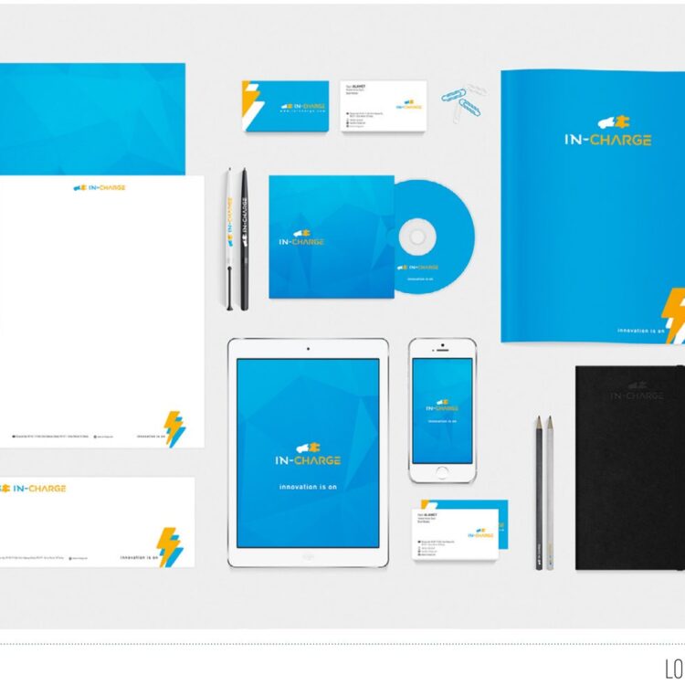 InCharge projesi için logo ve kurumsal kimlik çalışmasını gösteren portfolyo görseli