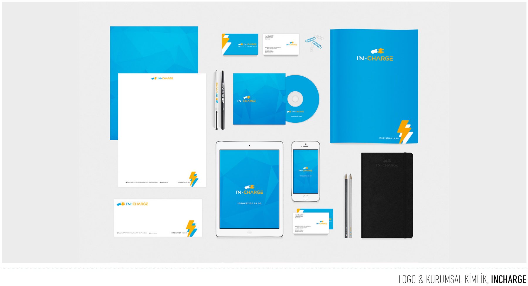 InCharge projesi için logo ve kurumsal kimlik çalışmasını gösteren portfolyo görseli