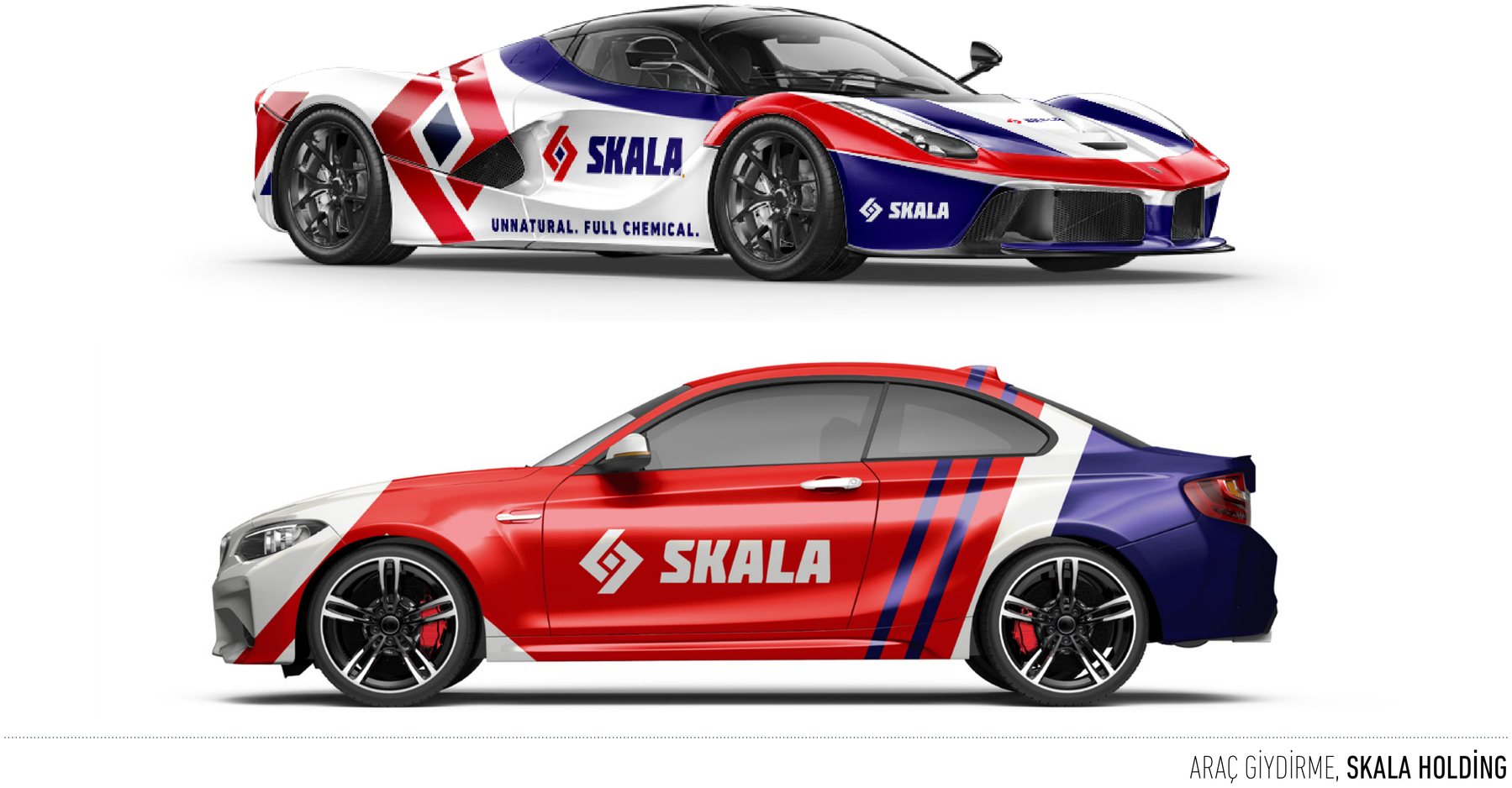 Skala Holding projesi için ambalaj ve araç giydirme çalışmasını gösteren portfolyo görseli