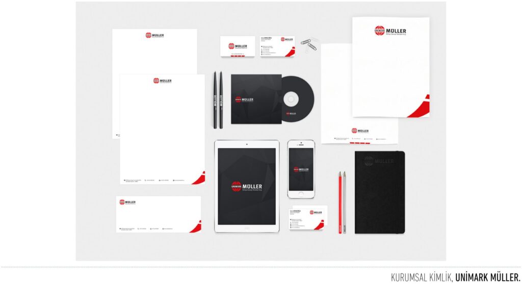 Unimark Müller projesi için etiket ve kurumsal kimlik çalışmasını gösteren portfolyo görseli