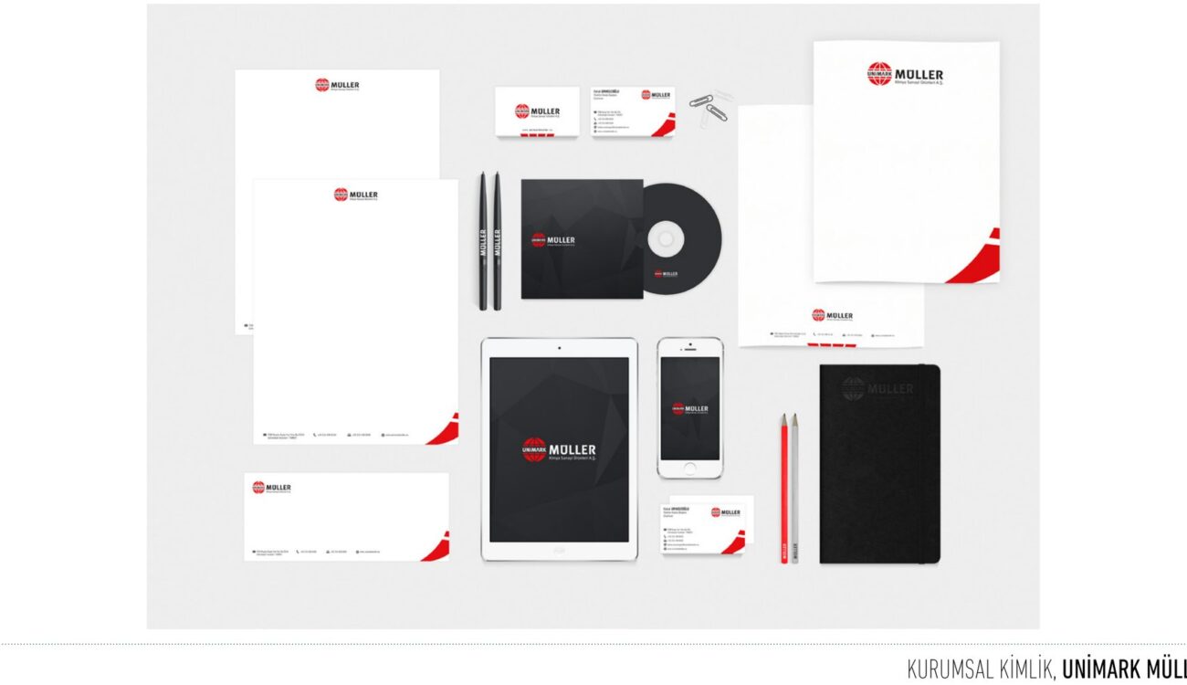 Unimark Müller projesi için etiket ve kurumsal kimlik çalışmasını gösteren portfolyo görseli