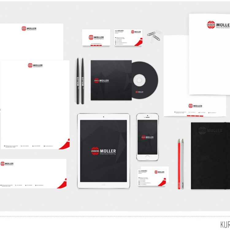 Unimark Müller projesi için etiket ve kurumsal kimlik çalışmasını gösteren portfolyo görseli