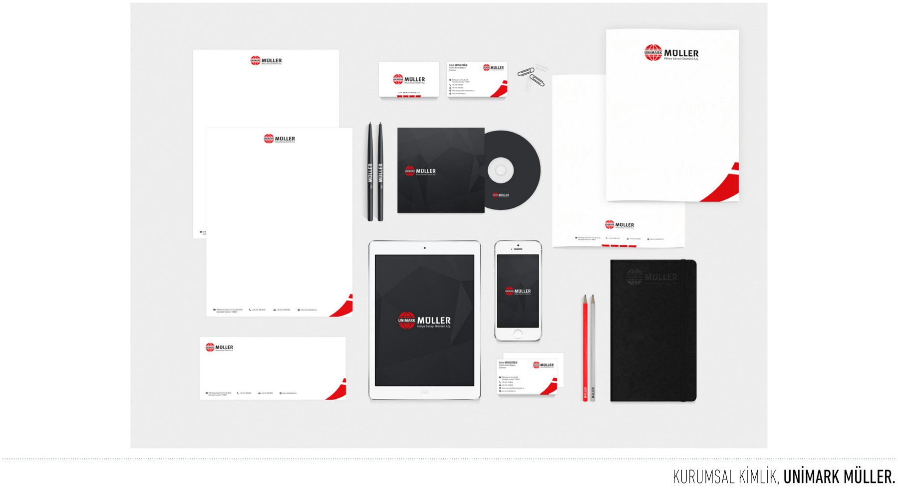 Unimark Müller projesi için etiket ve kurumsal kimlik çalışmasını gösteren portfolyo görseli