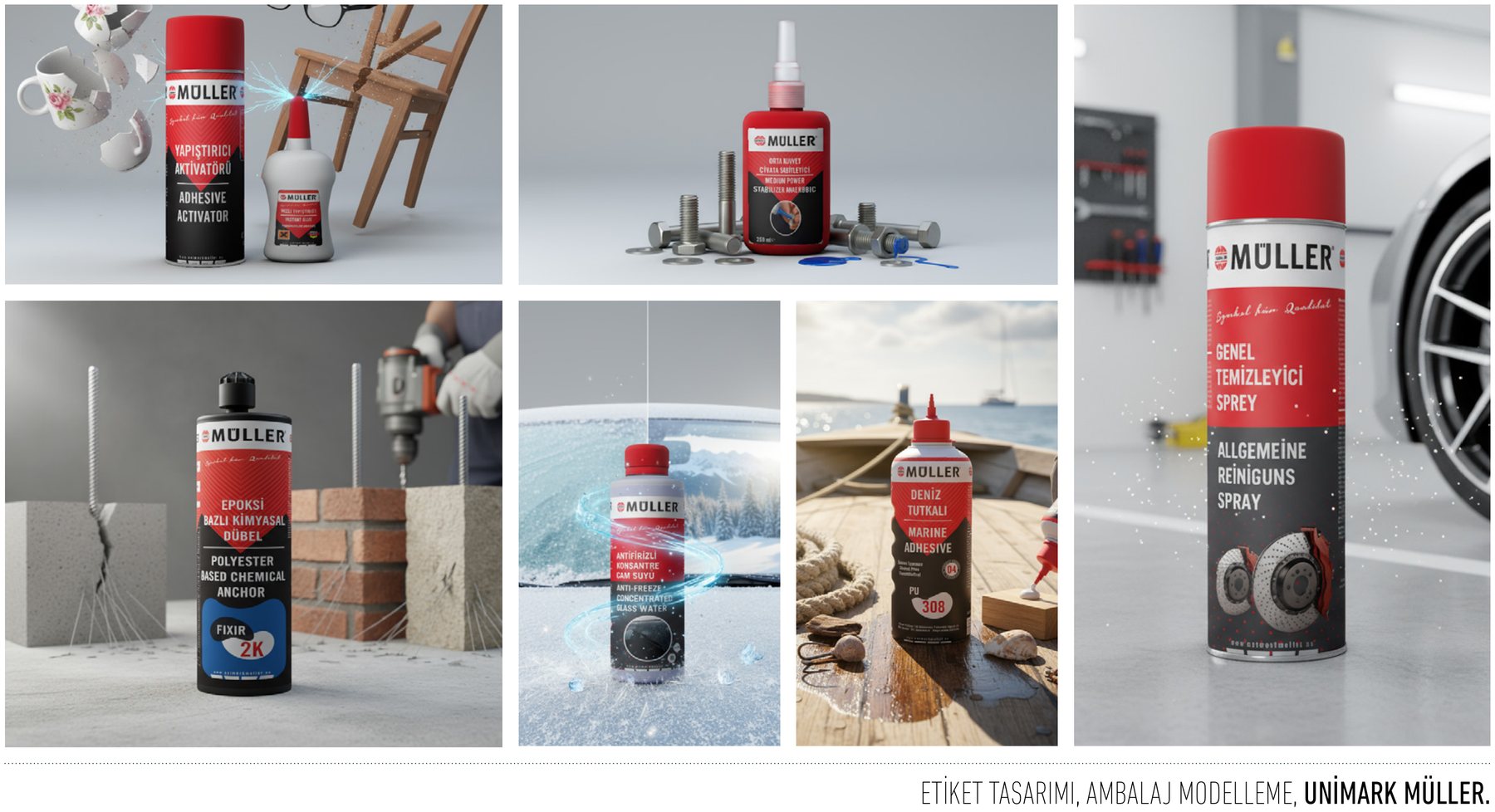 Unimark Müller projesi için etiket ve kurumsal kimlik çalışmasını gösteren portfolyo görseli